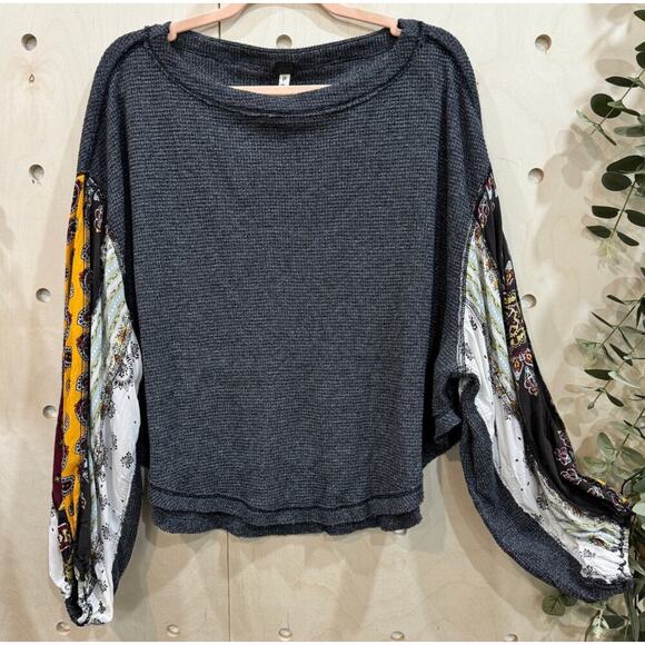 FREE PEOPLE Blossom Thermal Top Small Charcoal Waffle Knit Pieced Full Sleeves - Picture 11 of 11